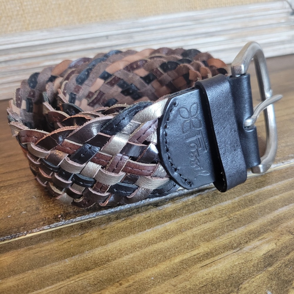 Fossil Woven Y2K Leather Belt Braided Multi-Color Silver Buckle Size M 34"
